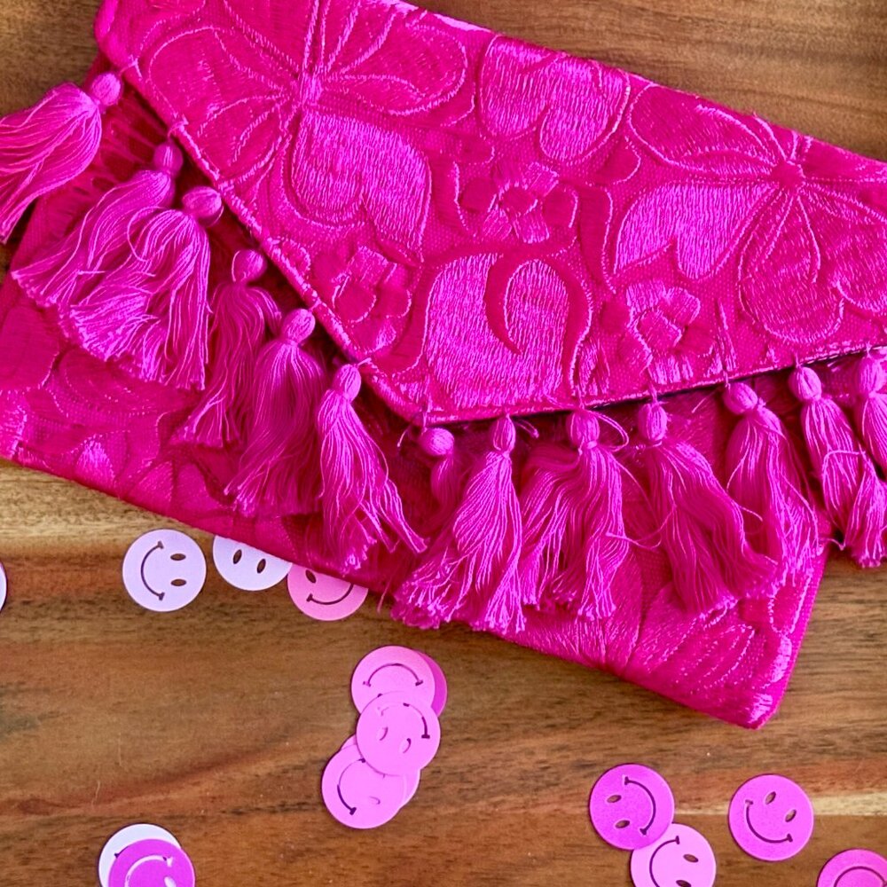 Hot Pink Mexican Embroidered Floral Clutch Bag